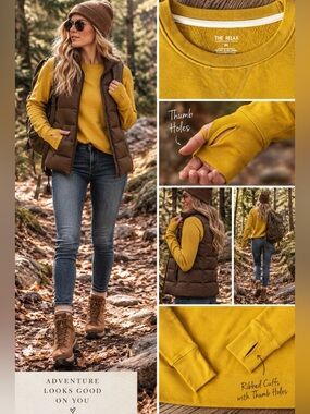 Women’s Mustard Crewneck Lightweight Sweatshirt w/Thumb Holes